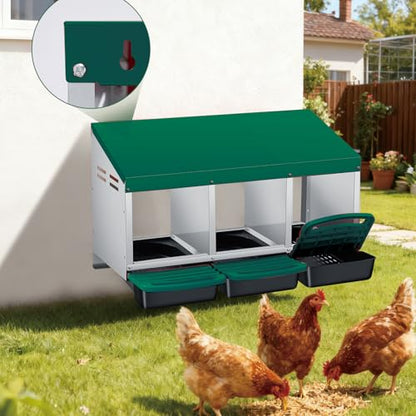 Chicken Nesting Box 3-Compartment Roll-Out with Pull-Out Trays, Egg Nesting Boxes for Hens, Chicken Coop Laying Box,Easy Wall Mounting with Metal Legs - color: green, size: 3 holes