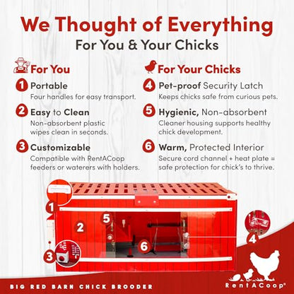 RentACoop Big Red Barn Chick Brooder | Durable, Lightweight, Easy-Clean, Multipurpose | with Absorbent Hatchling Liners, Jute Liners, LED Light, Security Latch