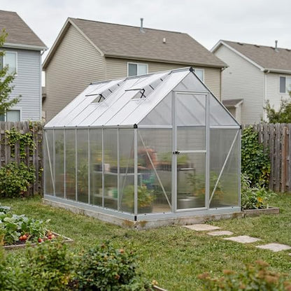 Palram - Canopia 6x14 Greenhouse Kit, Hobby Walk-In Twin-Wall UV Polycarbonate Heavy Duty Aluminum Frame, Lockable Door, Adjustable Roof Vent, Rain Gutters, Galvanized Steel Base, Mythos (Gray) - color: Silver, size: 6 Ft. x 14 Ft.