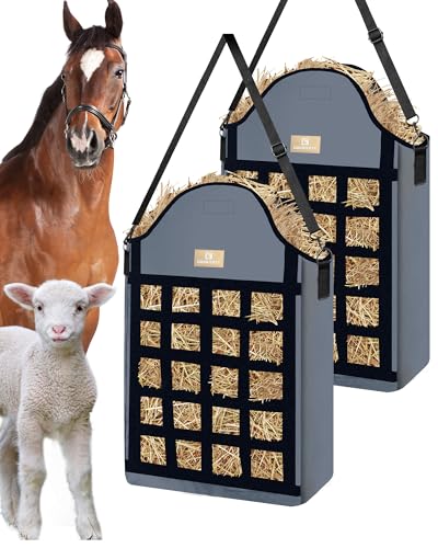 Hay Bags for Horses,2 Packs Slow Feed Hay Bags for Goats,Sheep,Donkey,600D Reinforced Oxford Hay Feed Bags with Front Hay Nets Design, Easy to Fill and Hang with Large Opening (2Grey) - color: 2Grey