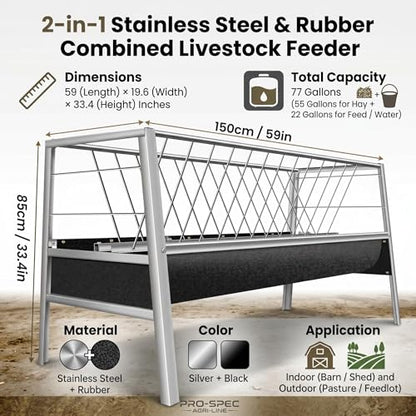 Livestock Feeder, Stainless Steel Goat Feeder for Goats Sheep Horses and Calves, 77 Gallon Hay Feeder with Rubber Trough Livestock Feeder