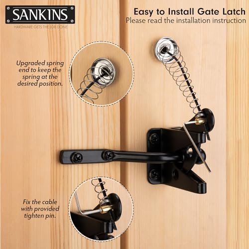 Self-Locking Gate Latch with Spring Cable Pull for Wooden Fence Gate Heavy Duty, Post Mount Automatic Gravity Lever Gate Fence Door Latches for Wooden Fence Secure Pool Garden Shed, Black - size: With Spring-loaded pull cord