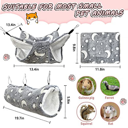 Luminous Noctilucent Glow Guinea Pig Rat Hammock Tunnel, Ferret Hanging Bunk Bed, Rat Ferret Guinea Pig Hideout and Soft Bed for Small Animals (4.Moon Tunnel and Mat) - color: 4.Moon Tunnel Hammock and Mat