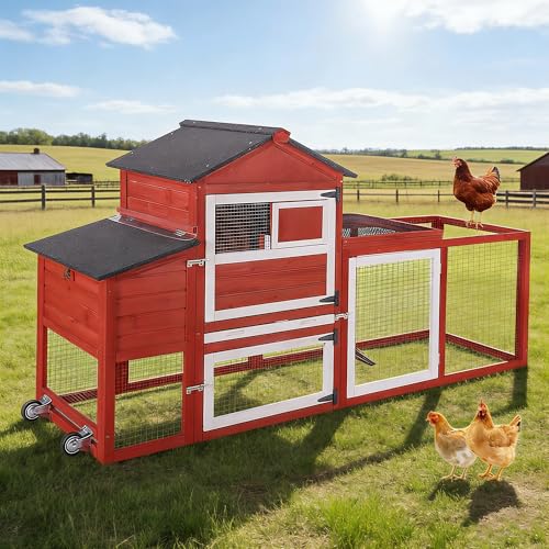 Chicken Coop with Run Mobile Chicken Coop with Wheels Duplex Hen House with Nesting Box Slide-Out Cleaning Tray Predator-Resistant Chicken Cage for Outdoor Backyard Red - color: Red