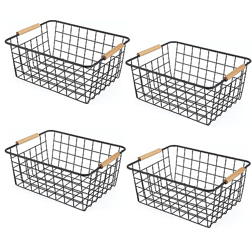 Wire Basket 4 Pcs Wire Storage Baskets Wire Baskets Organizing with Wooden Handles Wire Basket Pantry Organization and Storage Metal Wire Food Storage Basket for Kitchen, Cabinets (Black 4PCS) - color: Black 4PCS