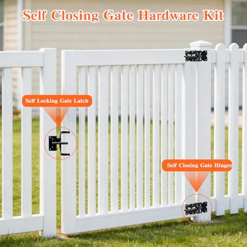 Self Locking Gate Latch and Gate Hinges Set,Gate Hardware Kit for Vinyl and Wood Fence with Installation Screws Heavy Duty 1 Gate Latches 2 Gate Hinges - size: 3.9'4'(L)x 1.57''(W) with 5/8'' eye hole