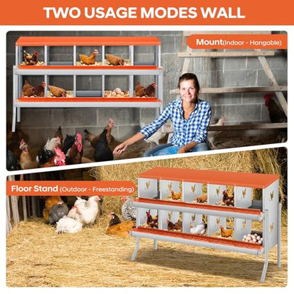 Removable Tray & Ventilated - Metal Chicken Nesting Box for Small Animals - 10 Compartments, Wall Mountable, Easy Clean, Secure Egg Collection - Red, 10 Compartments ZW - color: Orange | 10 Compartment+legs