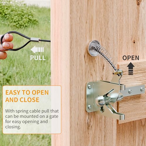 Gate Latch with Spring Cable Pull for Fence Gate - Carbon Steel - Black, Self Locking Fence Gate Latch, Door Latch for Outdoor Fence, Secure Pool, Garden, Shed, Cage (1, Galvanized Silver)
