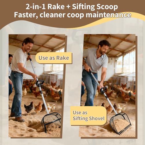 Chicken Poop Scooper & Rake 2-in-1, Pooper Scooper with Large Sifting Shovel, Adjustable Stainless Steel Handle (24"-68"), Chicken Coop Litter Scoop & Cleaning Tool for Farm Animals