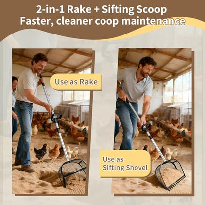 Chicken Poop Scooper & Rake 2-in-1, Pooper Scooper with Large Sifting Shovel, Adjustable Stainless Steel Handle (24"-68"), Chicken Coop Litter Scoop & Cleaning Tool for Farm Animals