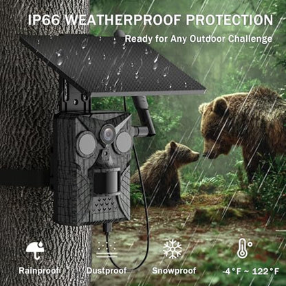 Solar Cellular Trail Camera 4G LTE, Preloaded Trial SIM, No Monthly Fees (Use Your Own SIM), Sends Pictures to Phone, 2K Live Video 10000mAh Battery 0.2s Trigger IP66 Game Cam for Farm Hunting