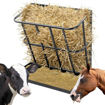Wall Mount Horse Hay Rack for Horses with Detachable Grain Tray,2 in 1 Grain & Hay Feeder,Large Capacity Livestock Feeding,Heavy Duty Multiple Sided Goat Feeding Rack for Sheep Farm Outdoor Use,Black