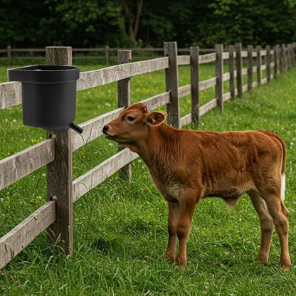 4 Quart Single Teat Calf Milk Feed Bucket, Hook Over Hanging Calves Feeder Bucket with Nipple, Mountable Plastic Livestock Feeder for Farm Stall Barn Cowshed Cattle Housing Feeding