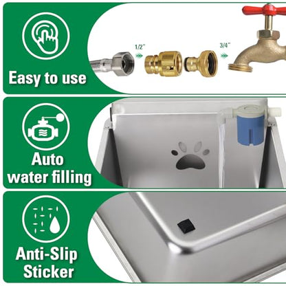6 Gallons Automatic Animal Water Dispenser X-Large Stainless Steel | Outdoor Waterer Bowl, For Dogs & Chicken, Auto Fill Livestock Water Trough, With 2m Hose, 13.6"x17"x9"