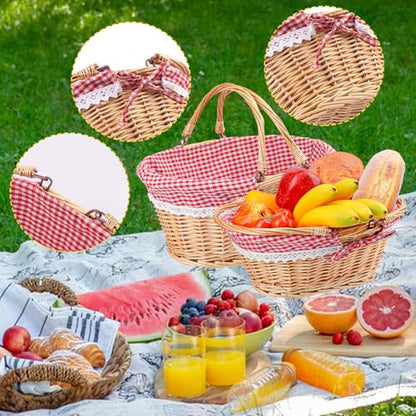 2 Pack 14.2 & 12.6 Inch Natural Wicker Basket with Linen Cotton Cloth Lining, Oval Wicker Woven Basket with Handle, Willow Woven Picnic Baskets for Picnic, Camping, Party - size: 2 Pack 14.2in&12.6in Natural(Round willow)