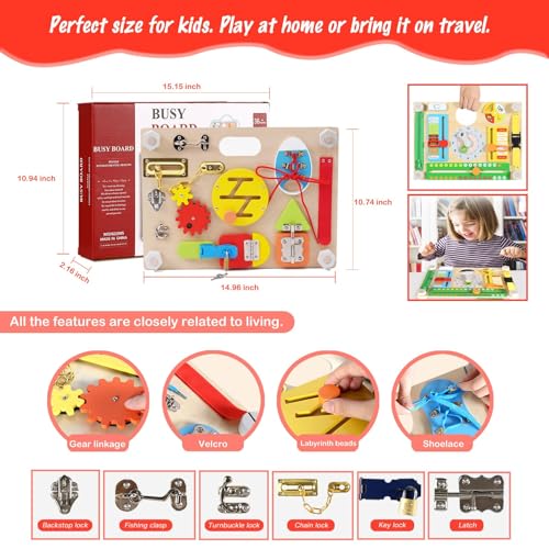 Montessori Busy Board for Toddlers 3-5, Large Wooden Sensory Board with 20+ Learning Activities, Fine Motor Toy, Double-Sided Travel Busy Board for Preschool Boys & Girls - style: Double Sides Busy Board