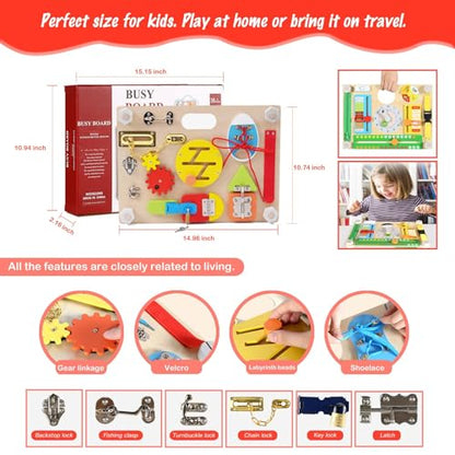 Montessori Busy Board for Toddlers 3-5, Large Wooden Sensory Board with 20+ Learning Activities, Fine Motor Toy, Double-Sided Travel Busy Board for Preschool Boys & Girls - style: Double Sides Busy Board