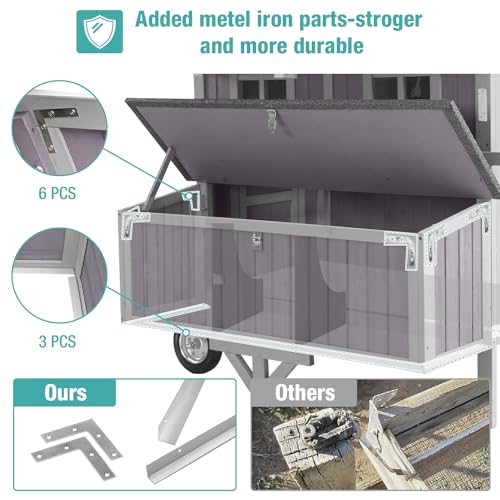 Outdoor Chicken Coops with Large Wheels,Wooden Hen House with 3 Nesting Boxes Leak Proof Pull-on Tray and UV-Resistant Roof Panel - color: Grey, size: 48.58"L x 37.58"W x 51.22"H