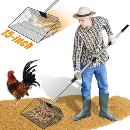 CAROD 15"-Large Thickened Chicken Poop Scooper, 24 to 68" Adjustable Chicken Coop Scoop for Poop with Stainless Steel Handle, Litter Scooper Sifting Shovel Chicken Coop Accessories