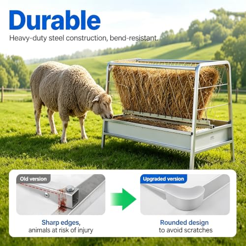 99 Gallon Pasture Hay Feeder, 2 in 1 Galvanised Steel Goat Hay Feeder with Deeper Feeding Pan for Goat Sheep Horse, Detachable Livestock Feeder Ease of Assembly in Farm Outdoor, Silver