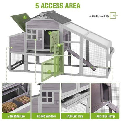 GUTINNEEN Chicken Coop with Wheels for 2-4 Chickens, Large Wooden Outdoor Hen House with Run, Waterproof & UV-Resistant Roof, Removable Leakproof Tray and Divided Nesting Box– Grey - color: (Grey-AIR32)