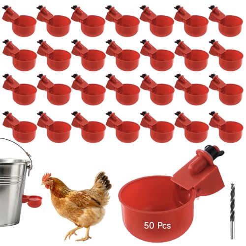 50 Pcs Chicken Water Cups, Automatic Poultry Waterer Kit with Drill Bit & Teen Fittings, No Leak Chicken Watering System for Bucket, Poultry Drinkers for Ducks, Turkeys