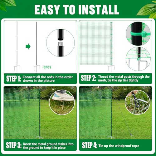 Temporary Fence with Metal Posts, 3' x 50' Garden Fence Animal Barrier for Backyard, Plastic Mesh Fencing with Windbreak Rope and Ground Stakes, Temporary Dog Fence for Outdoor Yard Animal Protect