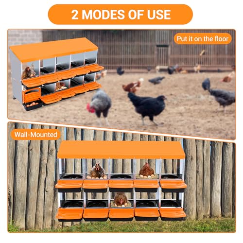 10-Hole Chicken Nesting Box, 2-Tier 10 Compartment Metal Roll Away Egg Laying Box with Lid & Legs, Easy Egg Collection, Galvanized Steel Rustproof Poultry Laying Boxes for Hens, Ducks, Farm, Yard - size: 10 holes-Orange