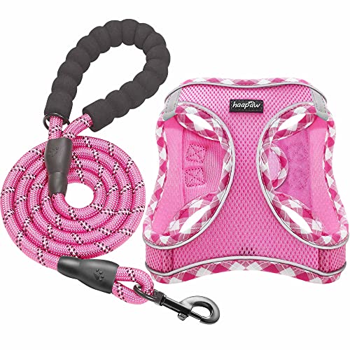 haapaw Dog Harness with Leash Set, No Pull Adjustable Reflective Step-in Puppy Harness with Thickened Padded Vest for Extra-Small/Small Medium Dogs - color: Pink, size: M