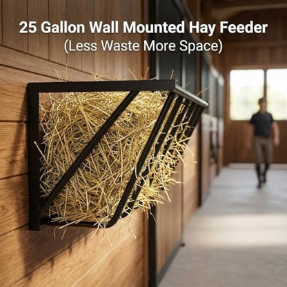 Horse Hay Feeder, 31.5'' Long Livestock Hay Feeder with 25 Gallon Large Capacity, Carbon Steel wall hay Rack for Horses, Sheep, Goats, Wall Mounted for Indoor Outdoor Uses