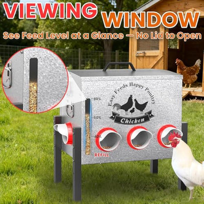 10gal 55LB Large Automatic Chicken Feeder with Window - 8 Port No Waste Design, Rust-Proof Alloy Steel with Locking Lid & Adjustable Legs, Waterproof Silo for Hens, Ducks, Geese, Poultry (silver) - size: 10GAL-55LB
