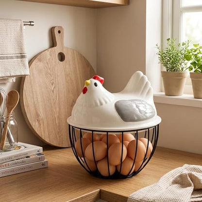 Chicken Egg Basket Metal Wire Egg Holder Countryside Farmhouse Style Storage Basket with Portable Handles Suitable for Collection Home, Gray Lid