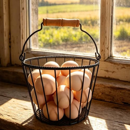 Wire Egg Basket, Black, Wooden Handle | Farmhouse Rustic, Egg Collecting, Kitchen Countertop, Chicken Coop, Easter Egg Hunt