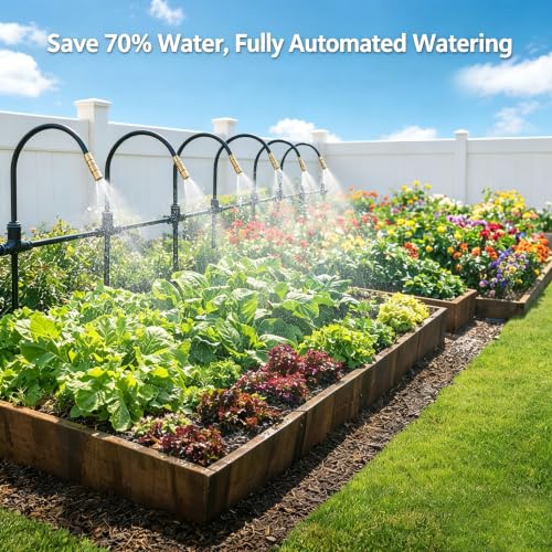 Bluepro Drip Irrigation System 200FT 1/4", 2026-Upgrade Garden Sprinkler Kit with 32PCS 360° Adjustable Copper Nozzles, Automatic Misting Watering System for Raised Beds, Greenhouse, Lawn, Patio, Yard