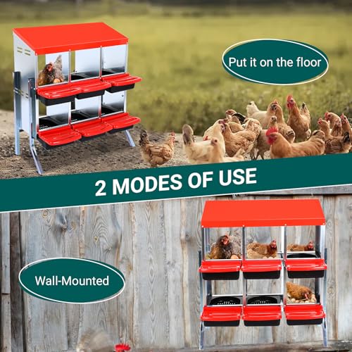 6 Hole Chicken Nesting Box with Bracket, Roll-Away Egg Collection System with Ventilation Holes，Rustproof Plastic Tray & Keyhole Mounting, Chicken Laying Box for Hen & Duck, Red - color: Red, size: 6 Compartment with Legs