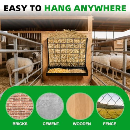 RYFT Wall Mount Hay Feeder, 2 in 1 Heavy-Duty Galvanized Hay & Grain Livestock Feeder, Hay Rack for Goats, Sheep, Horse, Cattle