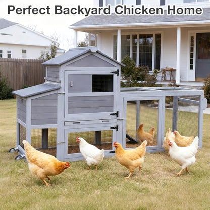 Chicken Coop Wooden with Wheels, Expandable Outdoor Chicken Tractor with Nesting Box & Pull-Out Tray, Easy-Clean Poultry Coop for 2–3 Chickens & Ducks - color: Grey