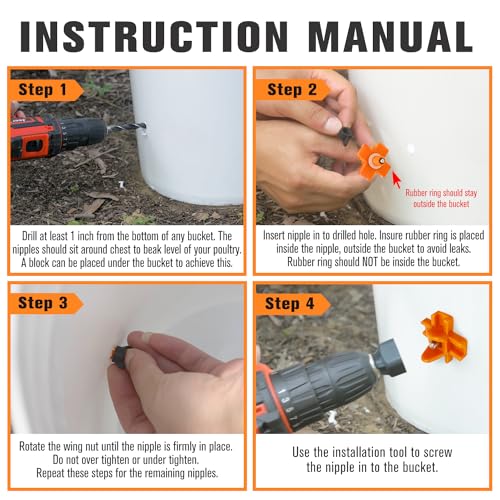 Chicken Waterer Nipples, Pack of 15 (Orange), Horizontal Side Mount, Anti-Leak Automatic Water System for Poultry, Suitable for Chickens, Duck, Quail, Includes Drill Bit & Installation Tool