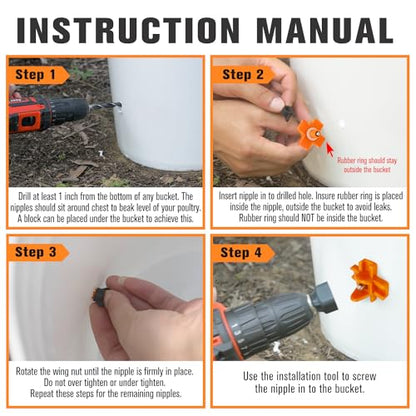 Chicken Waterer Nipples, Pack of 15 (Orange), Horizontal Side Mount, Anti-Leak Automatic Water System for Poultry, Suitable for Chickens, Duck, Quail, Includes Drill Bit & Installation Tool