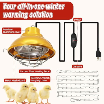 Dual Watt Heat Lamp for Chickens, Carbon Fiber Bulb (175/350W) | Chicken Coop Heater, 2 Temperature Adjustable, Hanging Heat Lamp for Chicks, Pets and Poultry