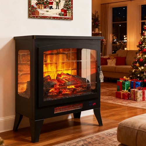 21" Electric Fireplace Stove Heater, Freestanding Electric Fireplace w/Realistic Flame, Remote, Timer, Small Fireplace w/Adjustable Brightness, Thermostat, Overheating Protection, 1400W - size: 21"