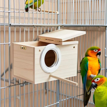 Parakeet Nesting Box Bird Nest Breeding Box with Perch | 7.87 X 4.72 X 4.72 inch Parrot Mating Box Wood Bird House Aviary for cage (S Horizontal Wood) - style: S Horizontal Wood