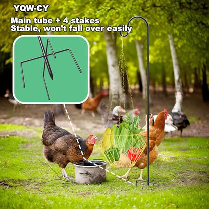 Hanging Chicken Feeder with Shepherd's Hook, Foldable Chicken Vegetable Feeder, Golden Poultry Fruits Feeding Holder Basket with Hanging Chain for Chicken Coop Accessory - color: Hanging Chicken Feeder with Hook