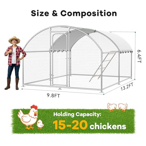 Large Metal Chicken Coop Run with Roosting Perch Waterproof and UV-Resistant Cover,13.2x9.8x6.4 Outdoor Walk-in Chicken Duck Cage Poultry Pen House for Backyard Farm Use,Dome Roof - size: 157.5"L x 118.1"W x 78.0"H