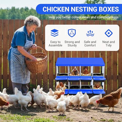 Chicken Nesting Box 8-Hole Roll Away Egg Laying Box with Lid, Galvanized Steel Rustproof Poultry Coop Box, Easy Clean, Wall Mountable No Bracket Needed for Hens, Blue - color: Blue, size: 8 holes