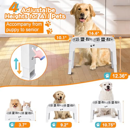 COMESOON Elevated Dog Bowls, 4 Height Adjustable Raised Bowl Stand with 2 Thick 50oz Stainless Steel Food Bowls Non-Slip Feeder Adjusts to 3.7'', 9.2'', 10.75'', 12.36'' White - color: White, size: 8" for Medium Dogs