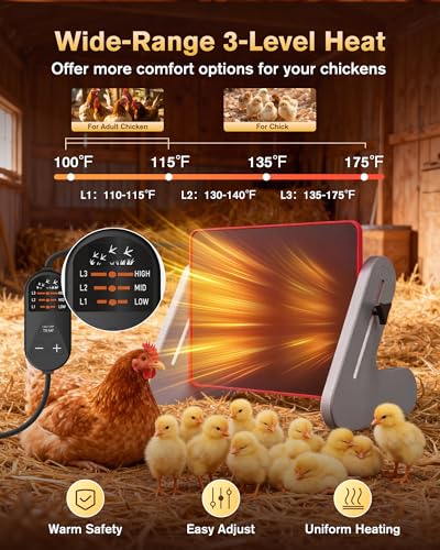 PETTEN Chicken Coop Heater for Winter, Safe Chick Heat Plate ETL Certified, Height and Angle Adjustable Energy-Saving Chick Brooder, 3 Temp Wired Remote/Stand/Wall Mounted, Easy to Install(11-14inch) - size: 11*14.4inch