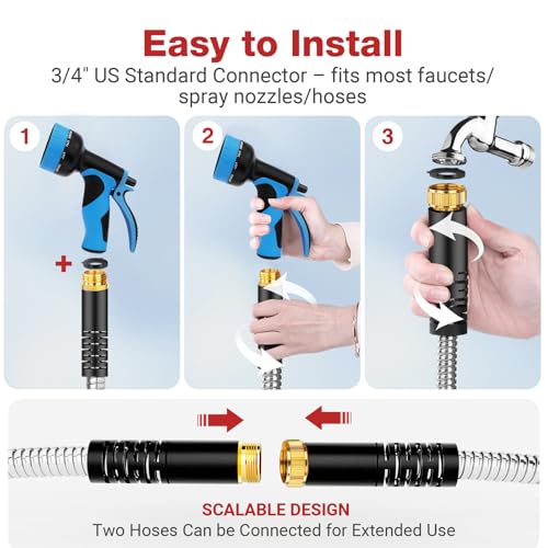 Lefree 50ft Metal Garden Hose - Heavy Duty 304 Stainless Steel Flexible Water Hose, No Kinks & Leak-Proof with Upgraded Handle, 10-Function Spray Nozzle for Balcony, Patio, Small Yard, Car Wash - color: Silver, size: 50FT