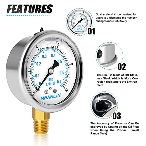 MEANLIN MEASURE 0~10Psi Stainless Steel 1/4" NPT 2.5" FACE DIAL Liquid Filled Pressure Gauge WOG Water Oil Air Lower Mount, with 1/2" NPT and 3/8" NPT Hex Bushing - size: 0-10Psi