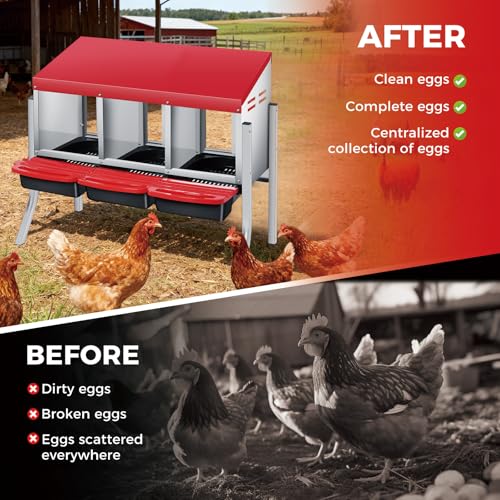 Chicken Nesting Box 3-Compartment Roll-Out with Pull-Out Trays, Egg Nesting Boxes for Hens, Chicken Coop Laying Box,Easy Wall Mounting with Metal Legs - color: red, size: 30.7"L x 20.1"W x 20.1"H
